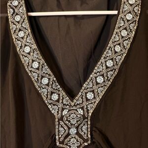 White House Black Market Black Embroidered Beaded V-Neck Blouse M Tie Closure